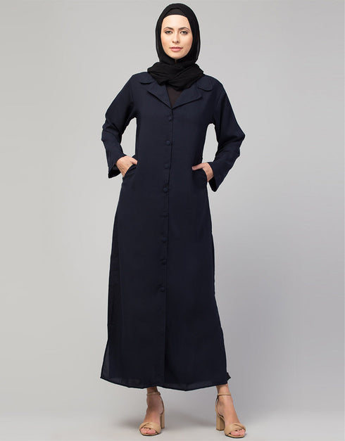 Modest Abaya with open front and coat-style collar In the Color Navy Blue